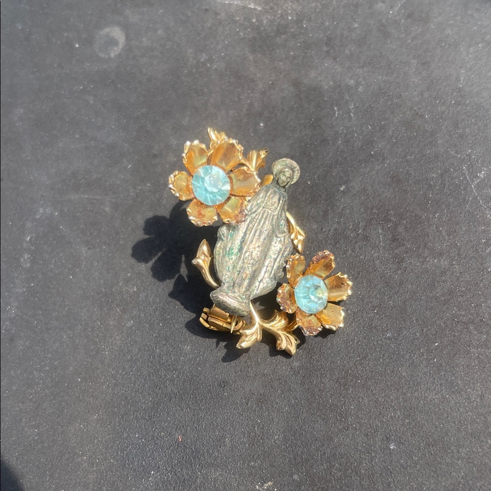 Gold and Blue Floral Mary Brooch